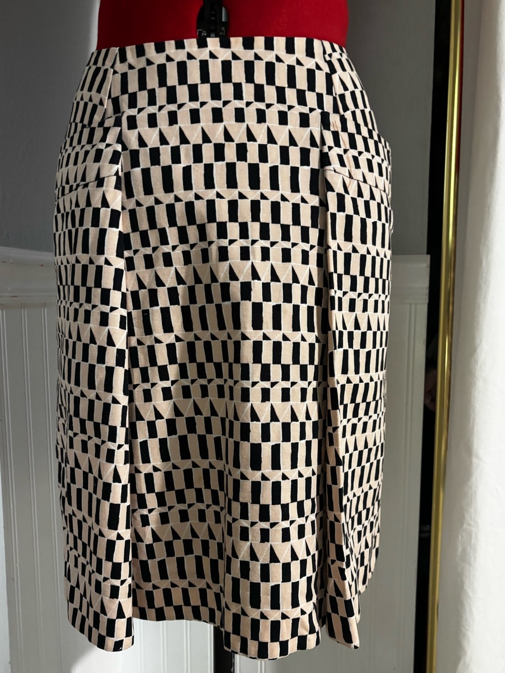 Kate Spade Black, Pink & Cream Geometric Print A-Line Skirt with Pleated Pockets